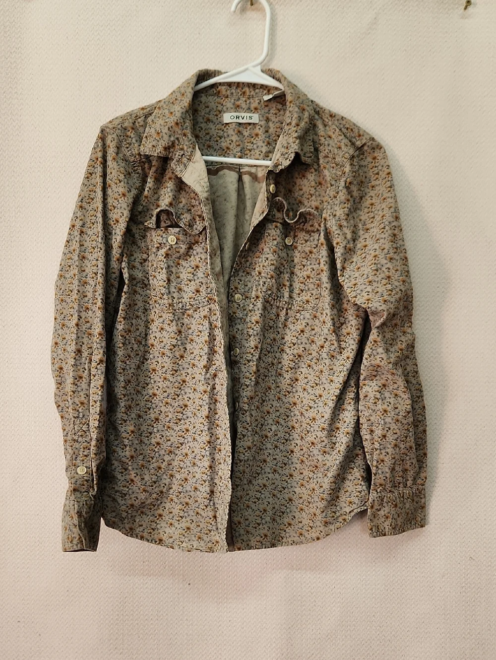 Orvis Taupe Floral Button-Up with Mustard Accents - Picture 1 of 3